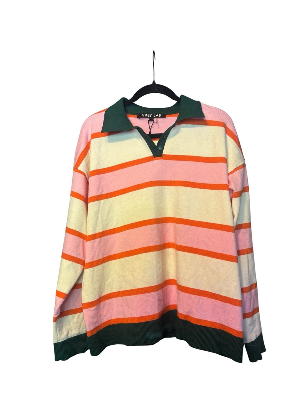 Grey Lab Anthropologie Striped Rugby Polo Shirt Collared Pink Green Orange Large